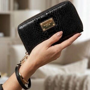 Michael Kors Black Python Embossed Leather Zip Around Wristlet Wallet Gold MK